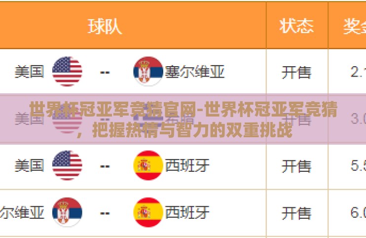 世界杯冠亚军竞猜官网-世界杯冠亚军竞猜，把握热情与智力的双重挑战